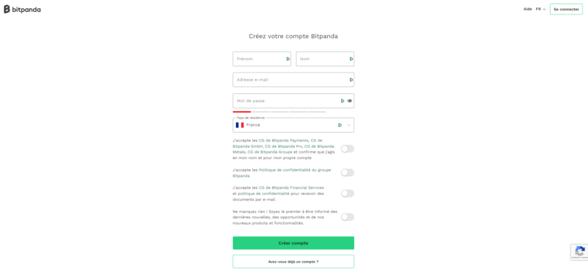 Illustration de la première page du parcours d'inscription de Bitpanda, qui est assez simple à notre avis
