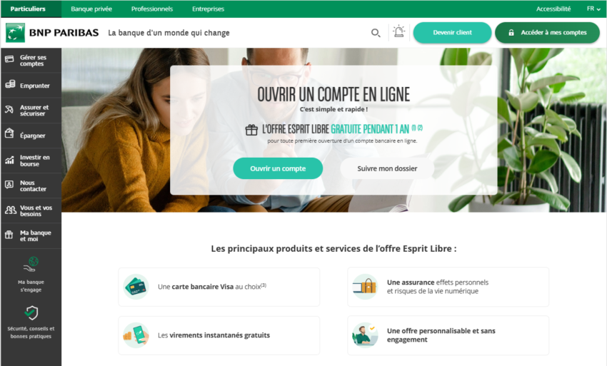 La page d'accueil du site de BNP Paribas