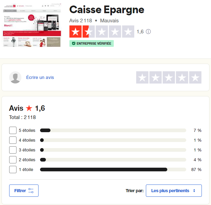 Les avis des clients Caisse d'épargne sur Trustpilot