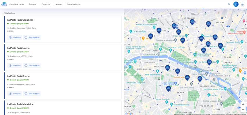 Carte des bureaux de poste offrant les services de la Banque Postale