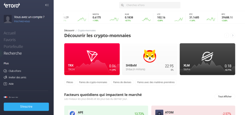 Page d'accueil de la plateforme eToro sur l'univers crypto
