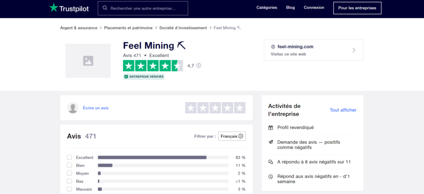 Feel Mining a d'excellents retours sur Trustpilot avec une moyenne des avis de 4,7 sur 5