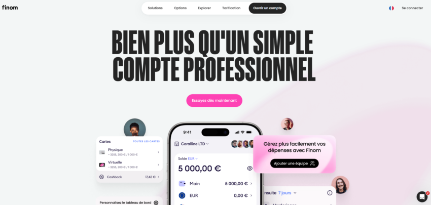 Page d'accueil de la banque pro en ligne Finom