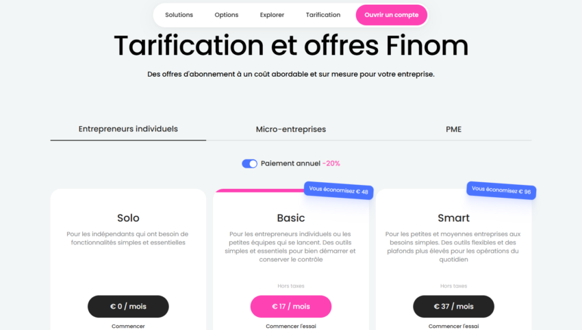 Image affichant les 3 différents tarifs de la banque pro en ligne Finom 