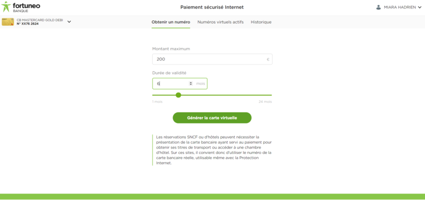 Etape 2 de la création d'une carte bancaire virtuelle avec Fortuneo