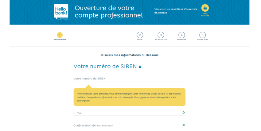 Page d'inscription à Hello bank! Pro et Hello Business