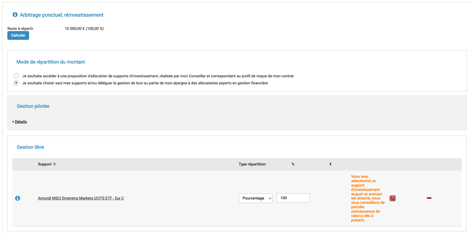 Passage d'un arbitrage sur Linxea Spirit 2, depuis l'espace client de Spirica