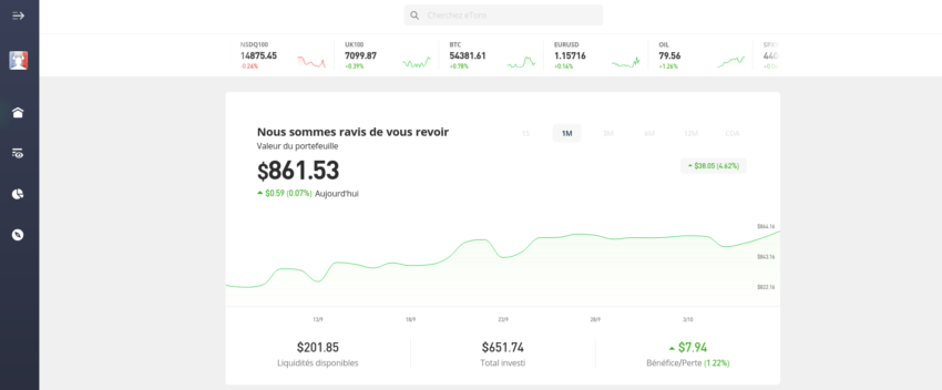 L'écran d’accueil sur la webapp eToro, nouvelle version de septembre 2021 !