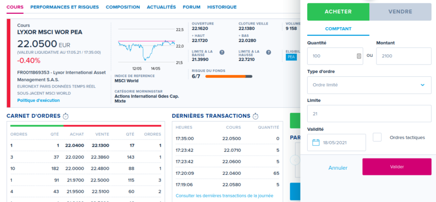 le passage d'ordre avec l'interface de boursobank