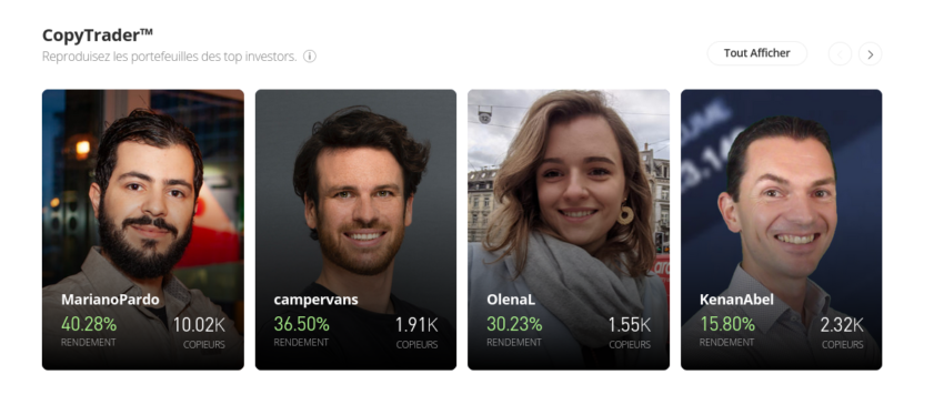 Exemple de traders mis en avant sur eToro avec la performance de leur portefeuille.