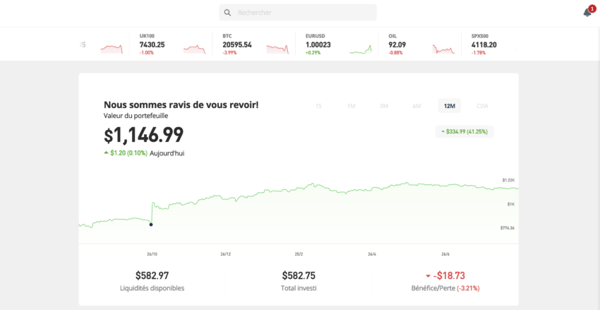 Interface d'eToro : l'écran d'accueil de leur logiciel de trading