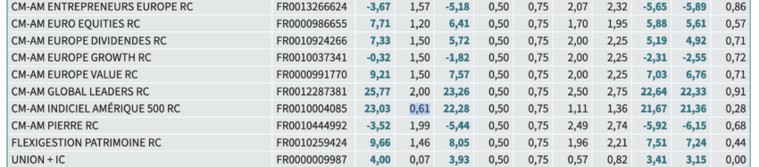 Extrait de la liste des supports du contrat, la quatrième colonne est celle des frais de gestion annuels.