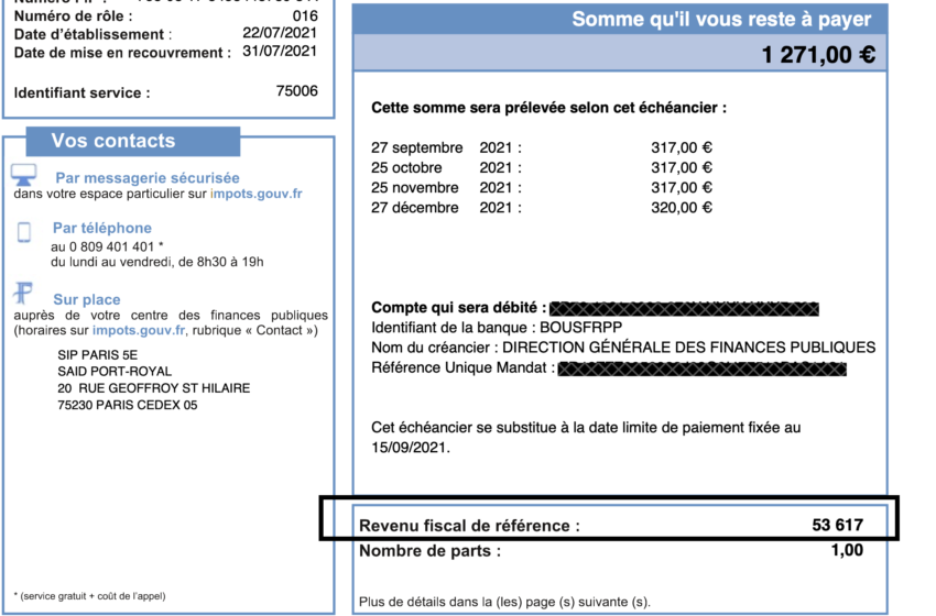 Revenu fiscal de référence sur la première page de l'avis d'imposition.