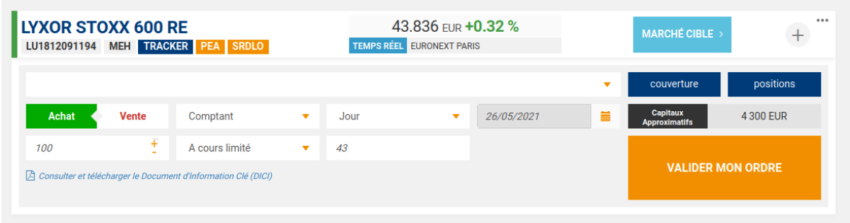 Avis sur le passage d'ordre sur le PEA Bourse Direct : Étape 1 sur un ETF immobilier