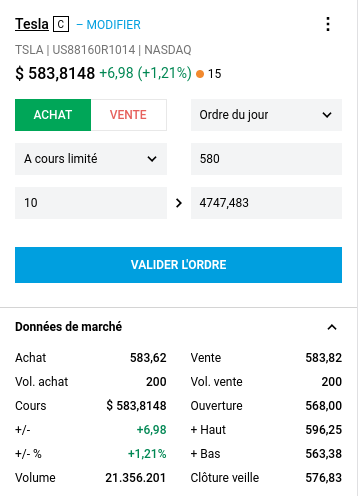 Interface passage d'ordre pour un titre Tesla sur Degiro