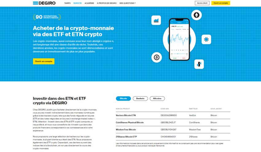 DEGIRO permet d'investir dans plusieurs ETF ou ETN crypto