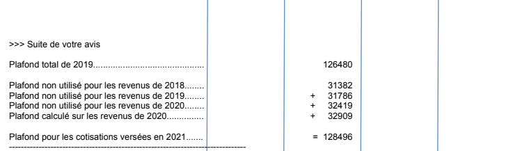 Extrait d'un avis d'imposition sur les revenus de 2020, avec le plafond de déduction total de l'épargne retraite applicable pour 2021.