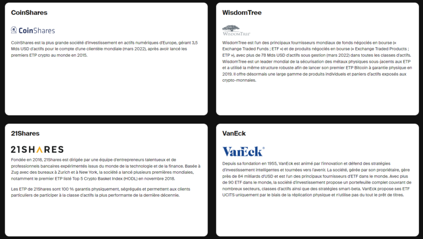 DEGIRO propose des ETF et ETN crypto provenant de 4 sociétés de référence du marché