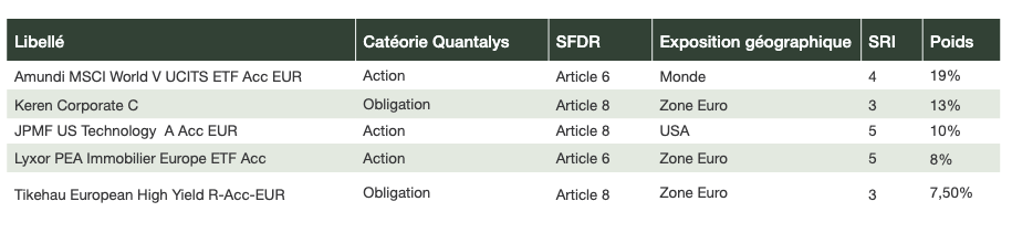 Les principales lignes du profil dynamique de la gestion pilotée. On voit que sur les 5 première lignes, deux sont des ETF.