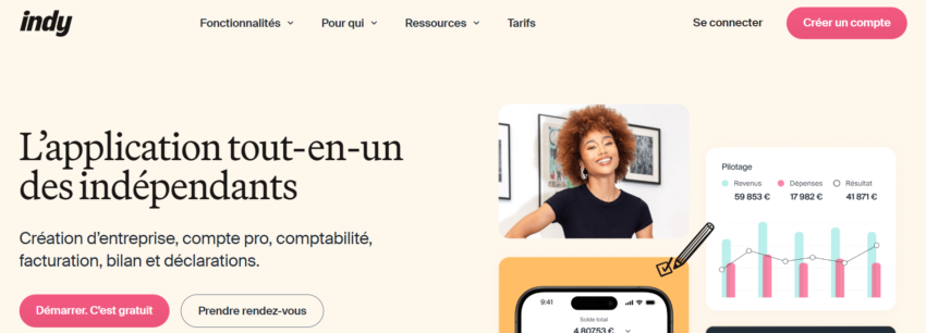 Page d'accueil du logiciel de facturation Indy