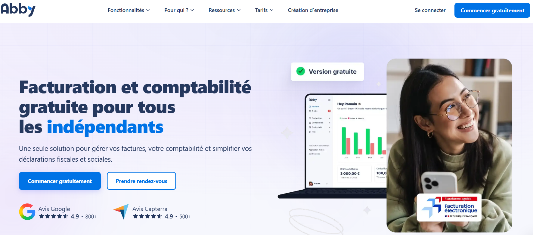 Page d'accueil du logiciel de facturation Abby