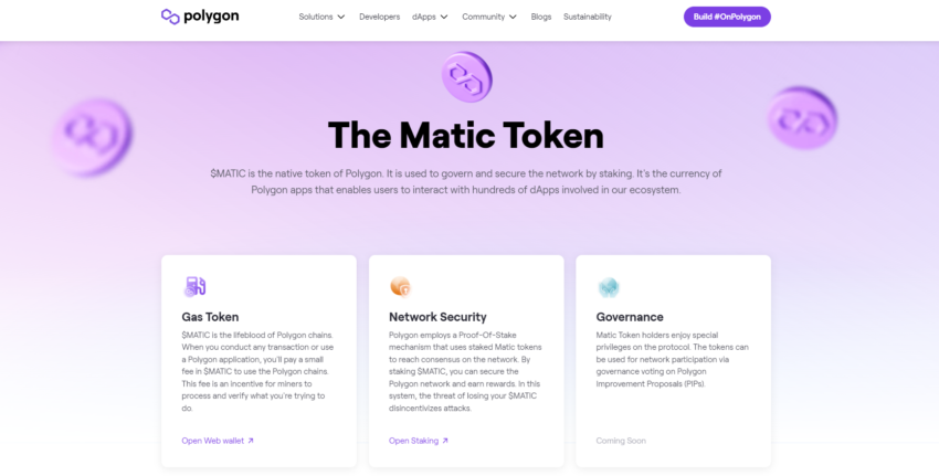Présentation du token MATIC sur le site de Polygon