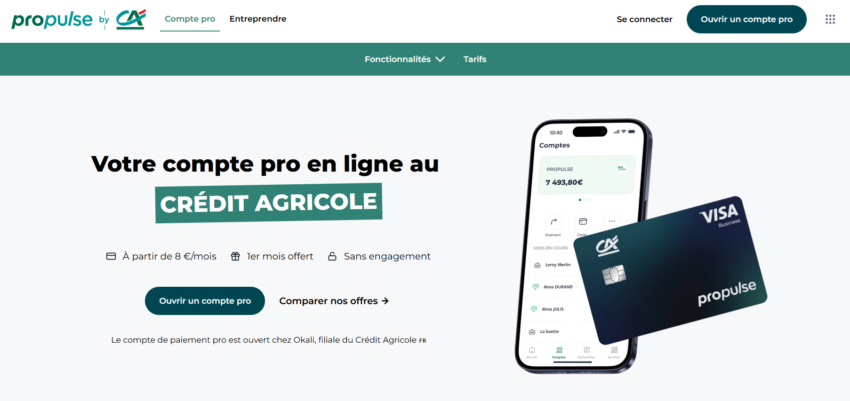 Capture d'écran du site de Propulse by CA indiquant que ce compte pro est géré par le Crédit Agricole