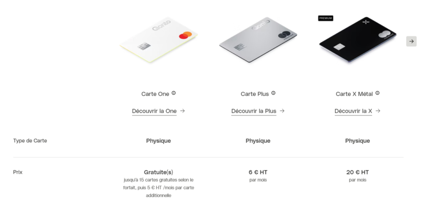 Qonto propose 3 types de cartes bancaires