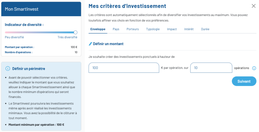 Ecran de paramétrage de SmartInvest
