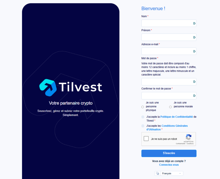 Page d'inscription à Tilvest