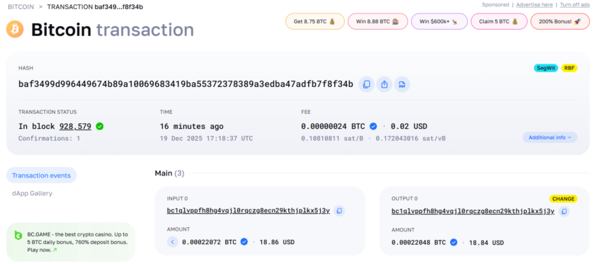 Image montrant les détails d'une transaction de Bitcoin